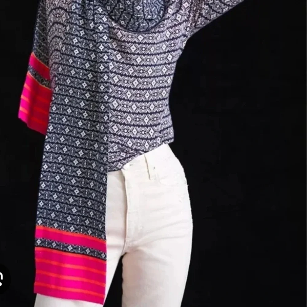 Maeve Anthropologie Abstract Fair Isle‎ Knit Scarf Navy Blue Pink Orange Stripe